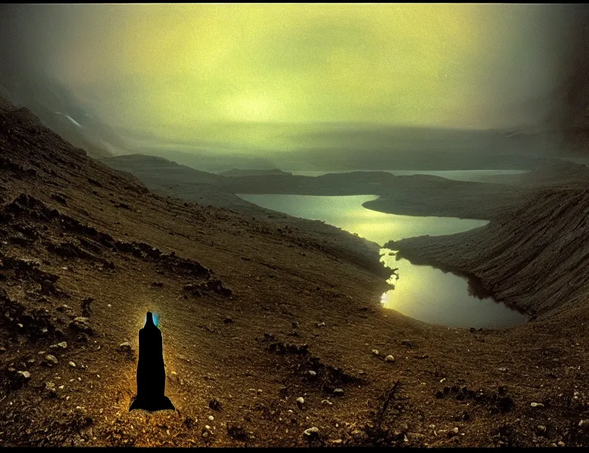 Image similar to wanderer, eerie, greek fantasy panorama, a magnificent lizard ghost giant above the magic shining river styx, at night, otherworldly, ghost giant above the horizon, stanley kubrick, 1 7 mm, wide shot, surreal, deep