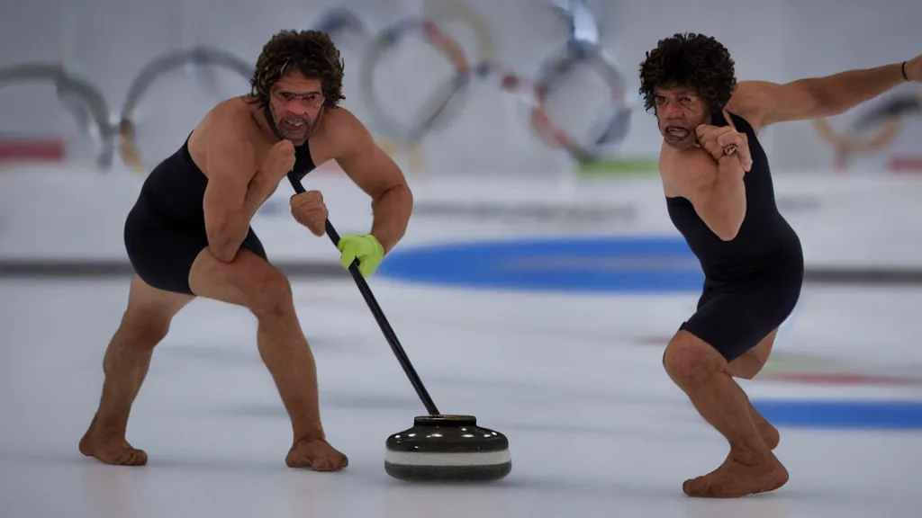 Prompt: a neanderthal participating in the olympics 2 0 2 4, posing for curling