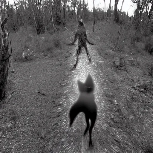 Prompt: black and white trailcam footage of native weird distorted human body Skinwalker transforming into a coyote