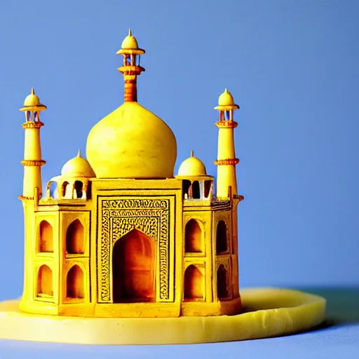 Prompt: a model of the taj mahal made out of cheese