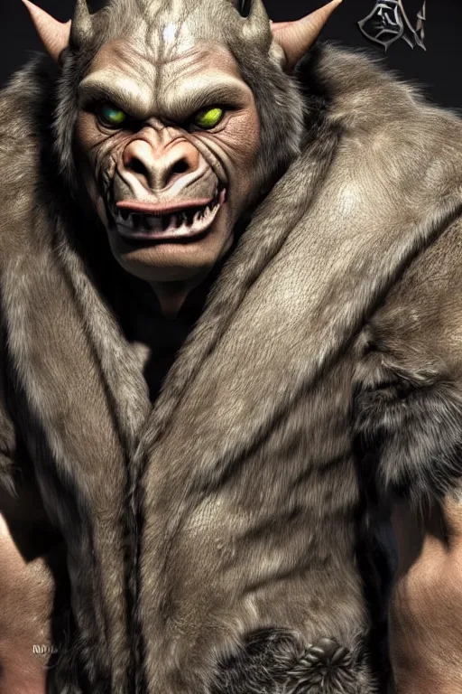 Prompt: A full body shot of a handsome orc looking into the camera wearing a leather fur jacket, full body shot, detailed face, orc, portrait, artstation, realistic, highly detailed, symmetrical, D&D, Dungeons & Dragons, hyper realistic, dynamic pose, high detail, octane render, unreal engine, 8k, fantasy art, highly detailed, dramatic lighting, concept art