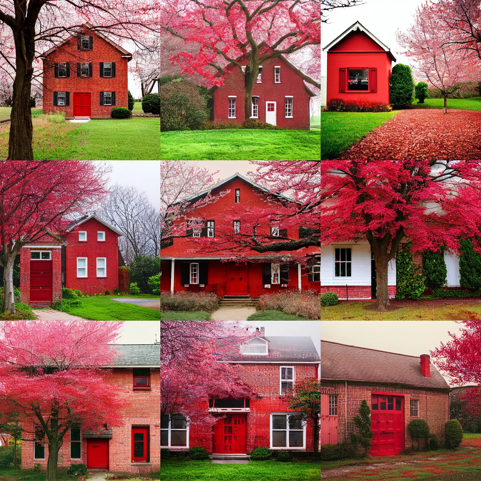 Prompt: quaint brick farmhouse with a red door and a japanese cherry tree in front, foggy day, picturesque, canon a 1, grainy film