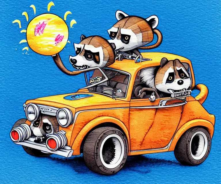 Image similar to cute and funny, racoon driving a tiny hot rod with an oversized engine, ratfink style by ed roth, centered award winning watercolor pen illustration, isometric illustration by chihiro iwasaki, edited by craola, tiny details by artgerm and watercolor girl, symmetrically isometrically centered