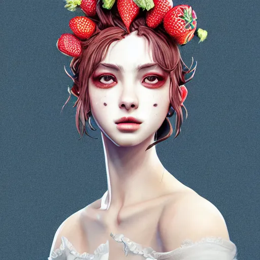 Image similar to the portrait of an absurdly beautiful, graceful, elegant, sophisticated, fashionable young idol made of strawberries and white petals with tears, an ultrafine hyperdetailed illustration by kim jung gi, irakli nadar, intricate linework, bright colors, octopath traveler, final fantasy, unreal engine 5 highly rendered, global illumination, radiant light, detailed and intricate environment