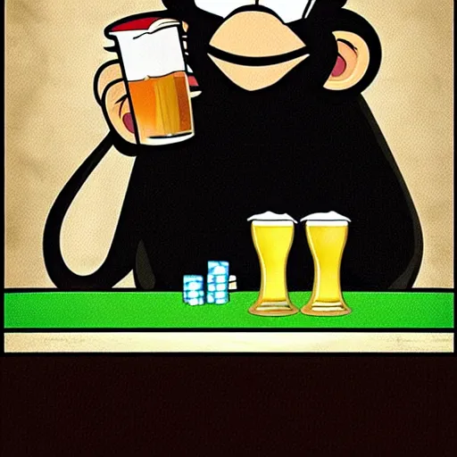 Prompt: cartoon style monkey drinking beer playing poker, cartoon, disney,