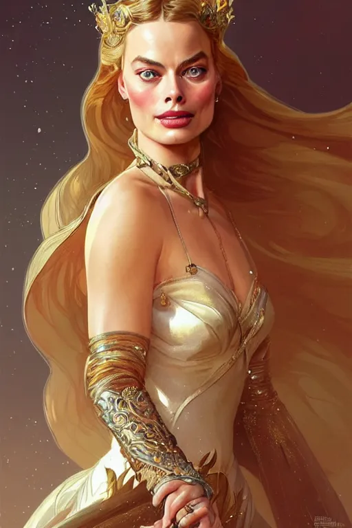 Prompt: Margot Robbie as a princess, fantasy, intricate, elegant, highly detailed, digital painting, artstation, concept art, matte, sharp focus, illustration, art by Artgerm and Greg Rutkowski and Alphonse Mucha