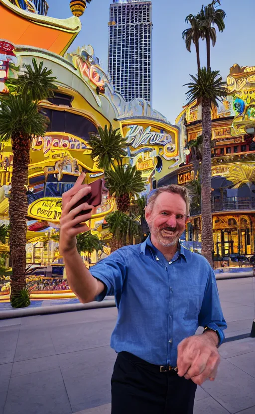 Prompt: Mr Robert House taking a selfie on the Las Vegas Strip, realistic photograph, 8k,