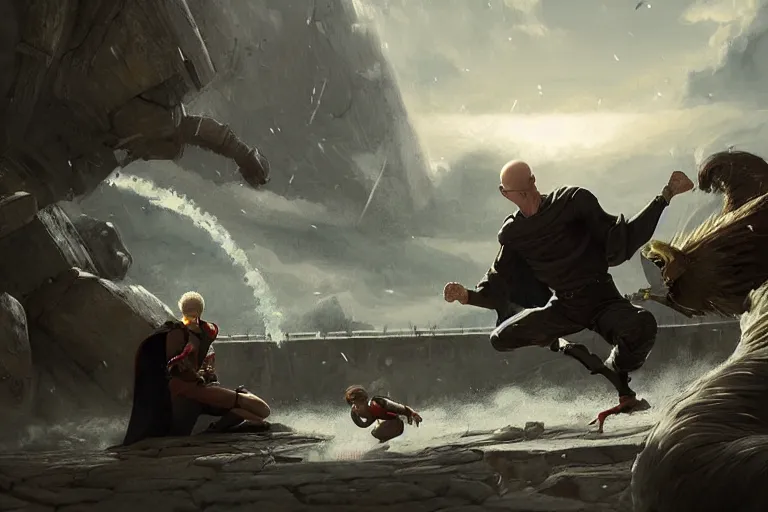 Image similar to saitama fighting the homelander, epic scene, Highly detailed painting, cinematic landscape, realistic, a fantasy digital painting by Greg Rutkowski and James Gurney