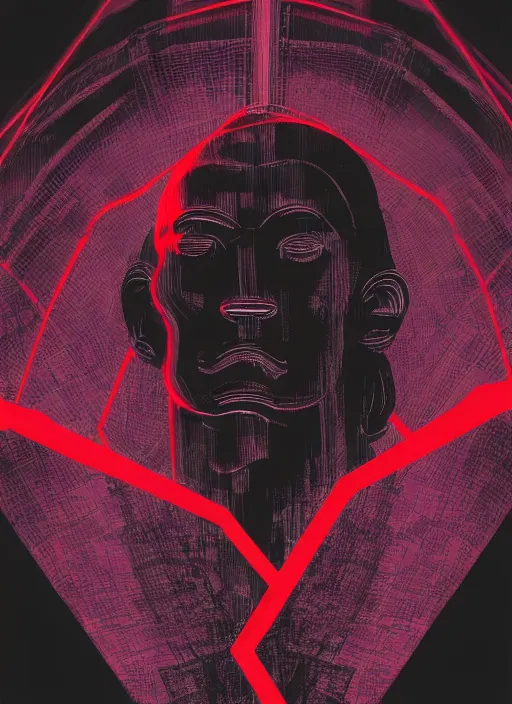 Image similar to dark design poster showing a close up of a statue of achilles, black background with very subtle red and purple design elements, powerful, nekro, vito acconci, thin straight lines, dark, glitch art, neo vaporwave, gritty, layout frame, square, extremly detailed, trending on artstation