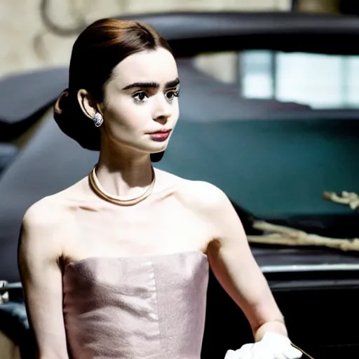 Image similar to still of lily collins as audrey hepburn in biopic, 8 k