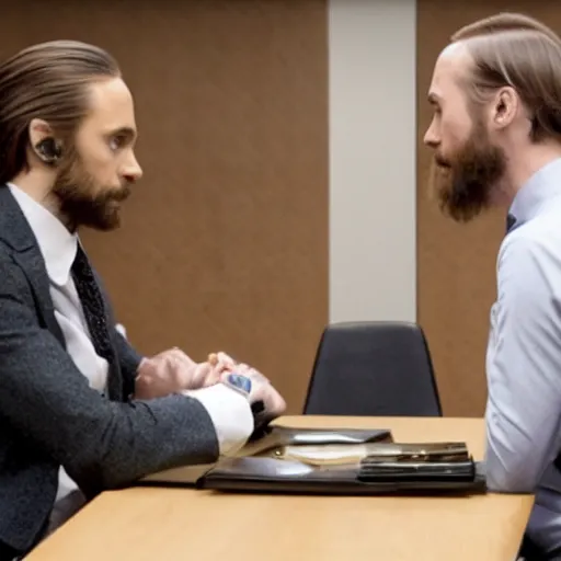 Image similar to jared leto meeting saul goodman in an interrogation room