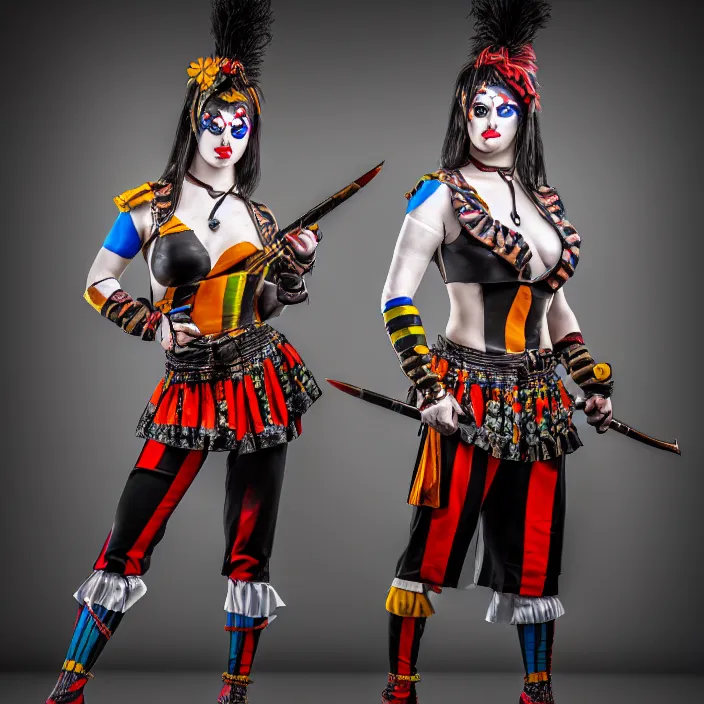 Prompt: full body photo of a real - life very beautiful female harlequin warrior, 8 k, hdr, smooth, sharp focus, high resolution, award - winning photo
