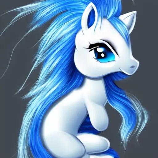 Prompt: a blue pony with white hair, a picture by an gyeon, strong outlines, featured on deviantart, booru, superflat