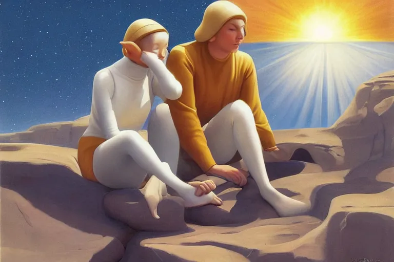 Image similar to beautiful painting of friends, beautiful faces, sitting on the edge, cute, soft light, digital painting by ralph mcquarrie and herbert bayer