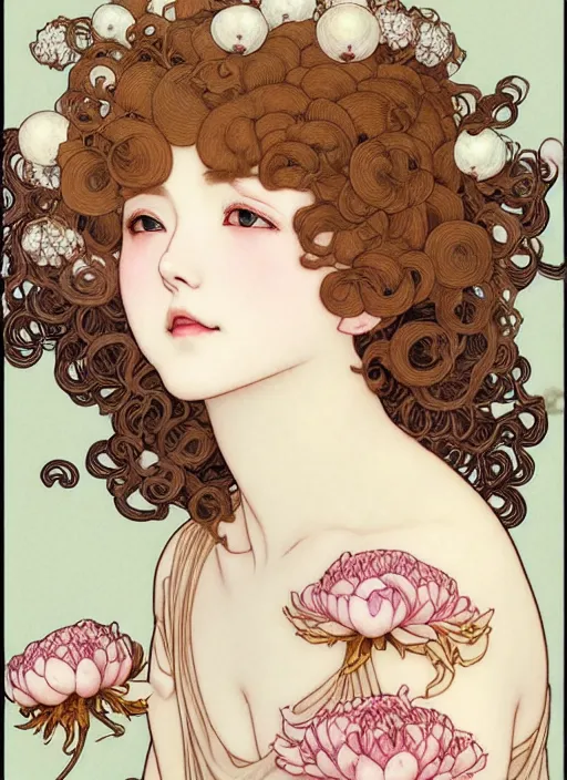 Image similar to young blond girl, macabre dark goddess of pearls and peonies, with long curly, hazelnut hair, perfectly proportioned face, brown eyes, sweet smile, strong jawline, by takato yamamoto, natural lighting, path traced, highly detailed, high quality, cartoon, digital painting, by new haicheng and studio ghibli, alphonse mucha