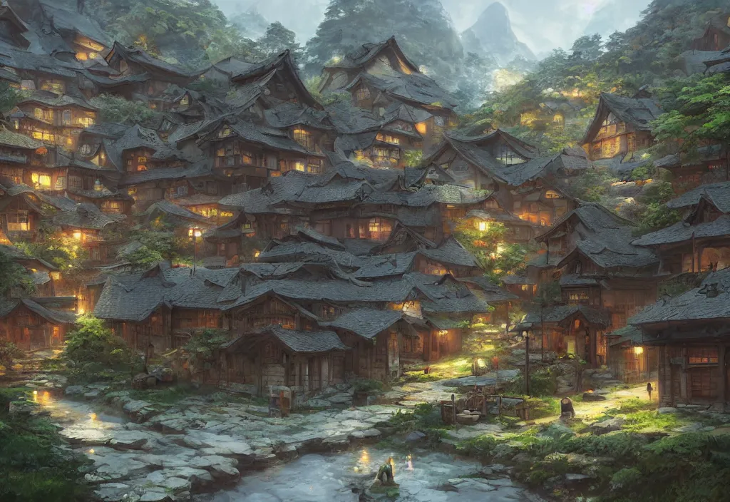 Image similar to concept art painting of a cozy village in a mountainous fantasy forested valley, historic european and japanese architecture, realistic, detailed, cel shaded, in the style of makoto shinkai and greg rutkowski and james gurney