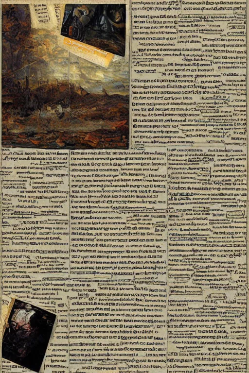 Prompt: pages of text connected with cables to a classic fantastic painting, digital art