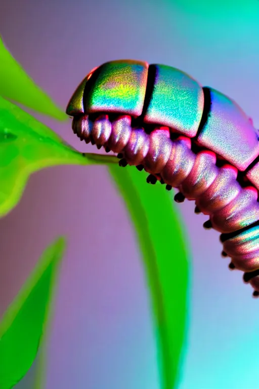 Image similar to high quality macro photo iridescent cyborg caterpillar! cute highly detailed david ligare elson peter cinematic pink lighting high quality low angle hd 8k sharp shallow depth of field