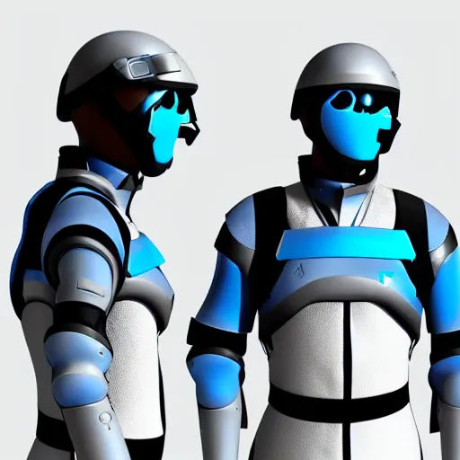 Image similar to a futuristic soldier captain with a metal visor and a blue shoulderpad