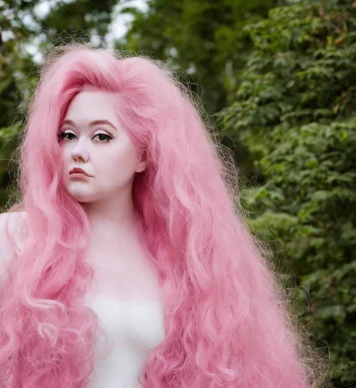 Image similar to a photograph of rose quartz from steven universe, portrait photography, 8 5 mm, iso 4 0 0, focus mode, detailed portrait, gigantic tight pink ringlets, huge pink hair, plus size, extremely beautiful and ethereal, white dress, gorgeous, kind features, beautiful woman, flattering photo, daylight