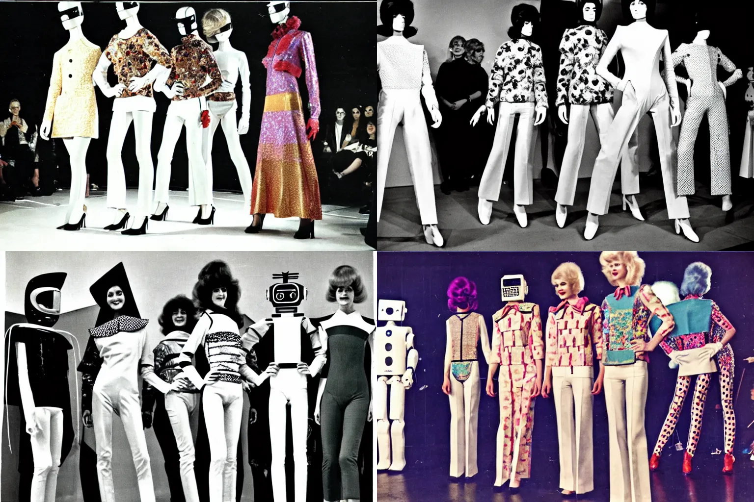 Prompt: robot fashion show, vintage couture seventies fashion