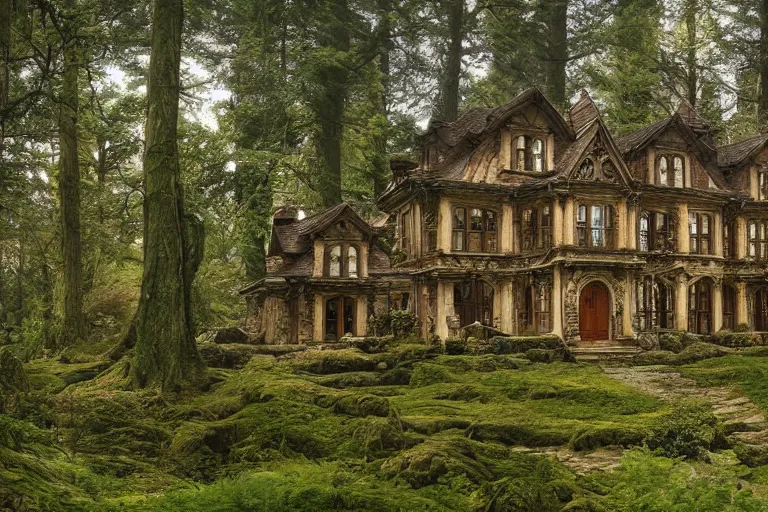 Image similar to photograph of a fantasy style woodland mansion in an ancient forest