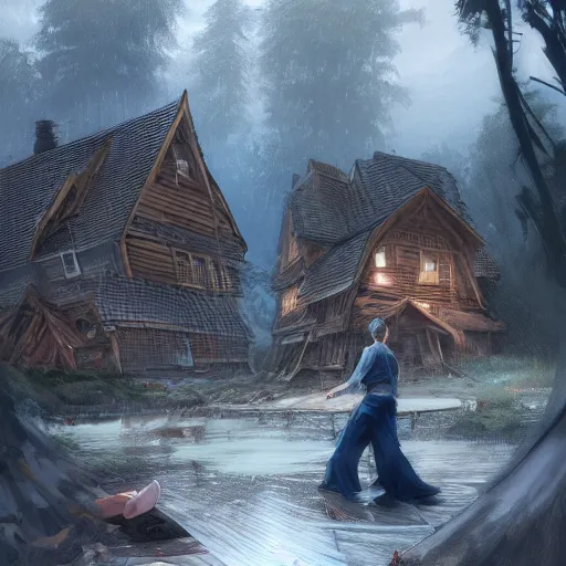 Image similar to two husbands leave each other inside a big wooden broken house by Stanley Artgerm Lau, WLOP, Rossdraws, James Jean, Andrei Riabovitchev, Marc Simonetti, Yoshitaka Amano, ArtStation, CGSociety