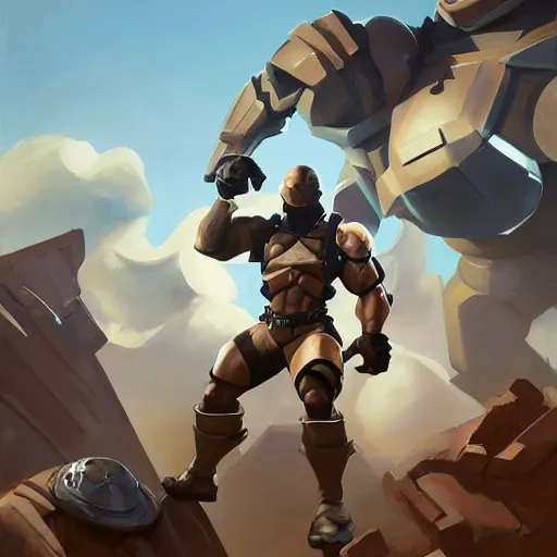 Image similar to greg manchess portrait painting of fully armored the foundation aka dwayne the rock from fortnite as overwatch character, medium shot, asymmetrical, profile picture, organic painting, sunny day, matte painting, bold shapes, hard edges, street art, trending on artstation, by huang guangjian, gil elvgren, ruan jia, greg rutkowski, gaston bussiere