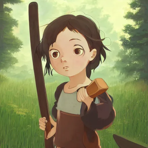 Image similar to portrait of a child with brown pigtails and green eyes, holding an axe, forest background, highly detailed, digital painting, artstation, matte, by makoto shinkai, animation style, studio ghibli, anime key visual