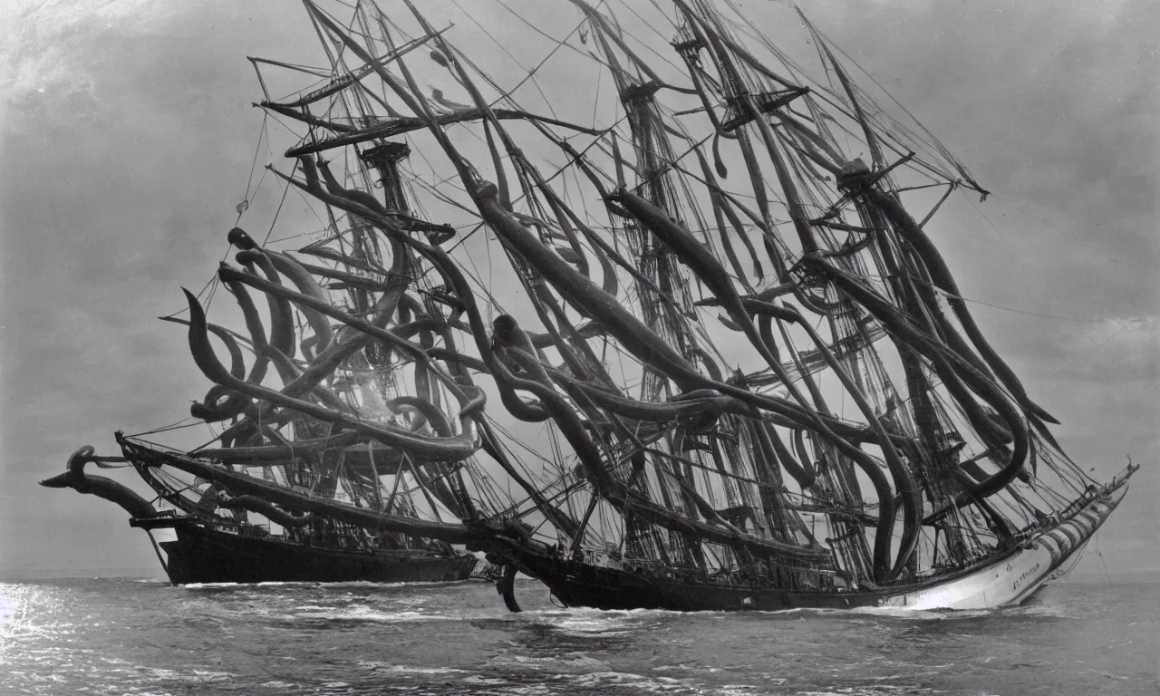 Image similar to the bluenose schooner is being attacked by a giant squid. old black and white photo