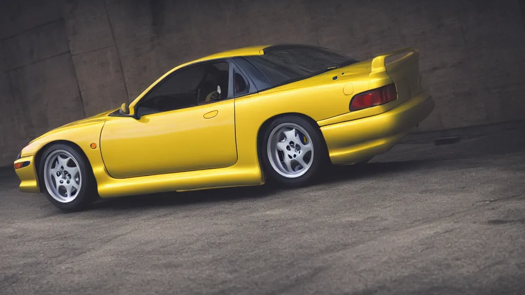 Image similar to 1 9 9 8 mazda rx 7 coupe yellow aero kit, cinematic, long exposure, white balance, 8 k, led, lumen global illumination, fog, ray tracing reflections