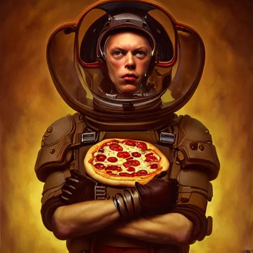 Prompt: portrait of fully dressed pizza as doomguy by alexander mcqueen, by roberto ferri, by tom bagshaw, by j. c. leyendecker and klimt, by austin osman spare, highly detailed oil painting, very intricate, cinematic lighting, award - winning, american romanticism, artstation, cgsociety, official art, octane