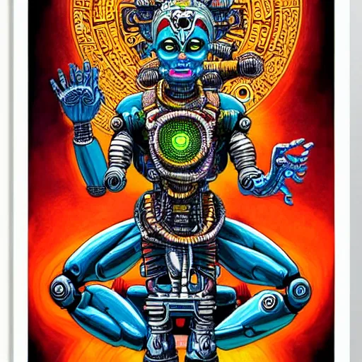 Prompt: detailed intricate color comic poster illustration of a Hindu god with a halo as an evil cyborg alien robot with lots of arms, cyberpunk, sistine chapel, davinci, religion, Hindu, vishnu, akira, dystopian, sci-fi, geof darrow, transmetropolitan, ronin