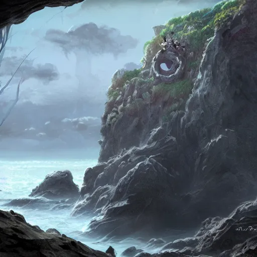 Prompt: a scary portal to another world in darwin's arch, ocean and rock landscape, d & d, fantasy, intricate, elegant, highly detailed, digital painting, artstation, concept art, matte, sharp focus, illustration, art by hayao miyazaki and hideo kojima