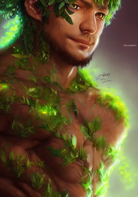 Image similar to A realistic anime portrait of a handsome buff dryad with glowing green eyes and tree bark skin wearing clothes made of leaves, digital painting, by Stanley Artgerm Lau, Sakimichan, WLOP and Rossdraws, digtial painting, trending on ArtStation, SFW version