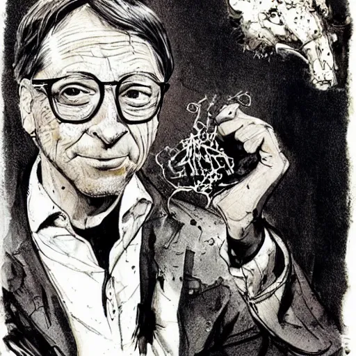 Prompt: bill gates holding a vaccine in his hand, horror, by Ralph Steadman