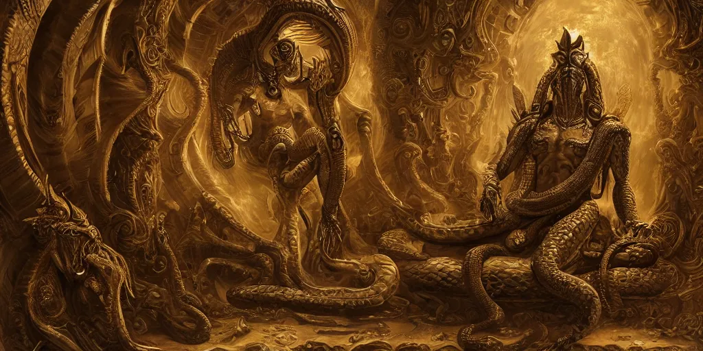 Prompt: a highly detailed matte painting of a naga reptilian alien god on a golden throne in an ornate atlantean palace, ominous, foreboding, dark, trending on artstation,