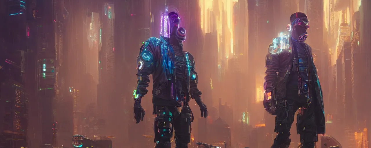 Prompt: cyberpunk man from 2077 wearing holographic coat, highly detailed oil painting, unreal 5 render, rhads, Bruce Pennington, tim hildebrandt, digital art, octane render, beautiful composition, trending on artstation, award-winning photograph, masterpiece