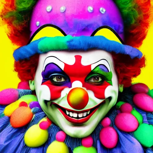 Image similar to A colorful clown, crazy, funny, stupid, digital art