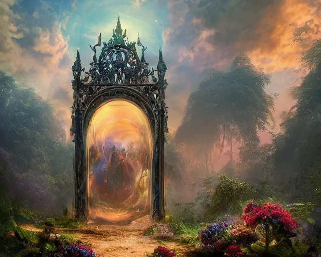 Prompt: magic portal gate, transparent background with a picture of heaven, ultra wide shot, lush colors, in the style of greg rutkowski and hans zatzka, digital art, sharp focus, highly realistic, exquisite ornate metal gothic icon heavy patina, delicate, enchanting, otherworldly, ethereal, mythology, mystical