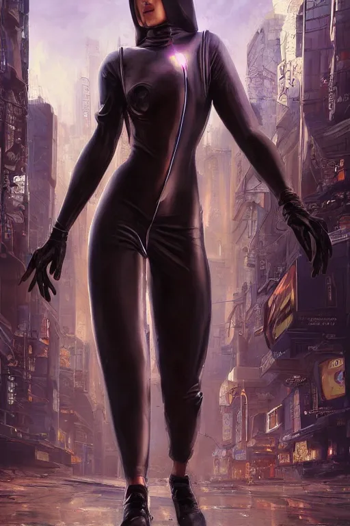Prompt: full portrait of an elderly orthodox patriarch spy with thin lustrous vibrant electric Cyberpunk hair wearing a bodysuit walking in a city, reflections, focus, detailed, realistic eyes, symmetric body features arms hands legs proportions, intricate facial skin details, award winning, trending in cgsociety artstation deviant art, octane render, by boris Vallejo and Tom Bagshaw and Beeple