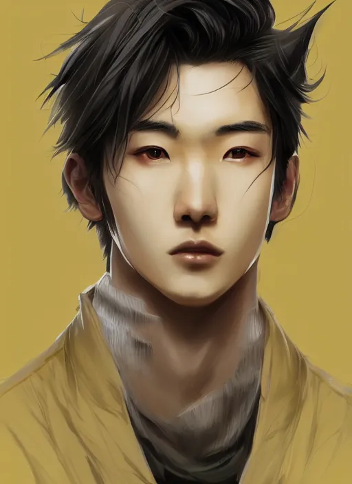 Image similar to a highly detailed illustration of young attractive japanese guy wearing black detective coat, yellow eyes, dramatic standing pose, hyperdetailed perfect face, perfect eyes, intricate, elegant, highly detailed, centered, digital painting, artstation, concept art, smooth, sharp focus, league of legends concept art, wlop.