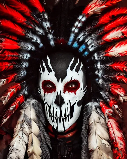 Image similar to the ghost - spirit of the grim - warpaint wears the scarlet skull armor and native blood headdress feathers, midnight fog - mist!, dark oil painting colors, realism, cinematic lighting, various refining methods, micro macro autofocus, ultra definition, award winning photo