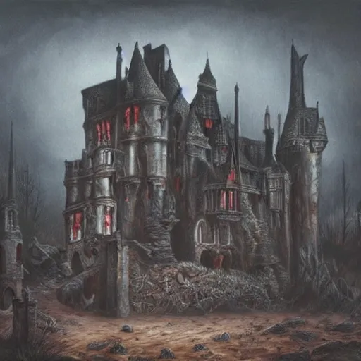 Image similar to dark and eerie gothic castle made of flesh, extremely detailed, oil painting