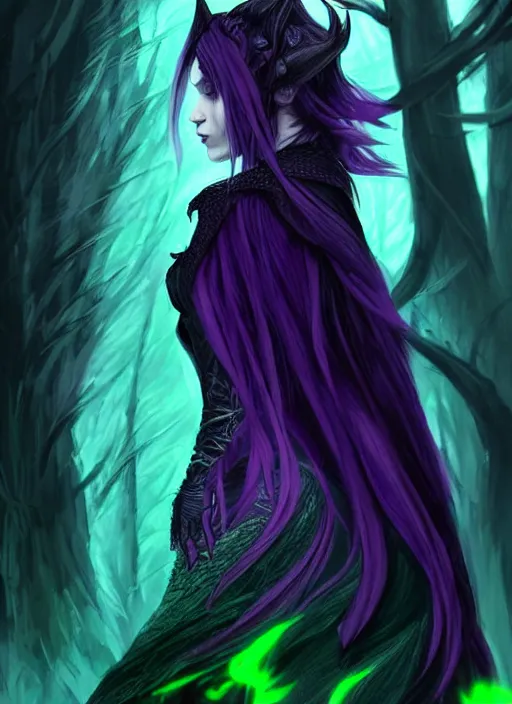 Image similar to side portrait dark witch, adventurer outfit large cloak, fantasy forest landscape, dragon scales, fantasy magic, undercut hairstyle, short purple black fade hair!!!!!!, dark light night, intricate, elegant, sharp focus, illustration, highly detailed!!!!!!!, digital painting, concept art, green neon smoke, matte painting, art by WLOP and Artgerm and Greg Rutkowski and Alphonse Mucha, masterpiece