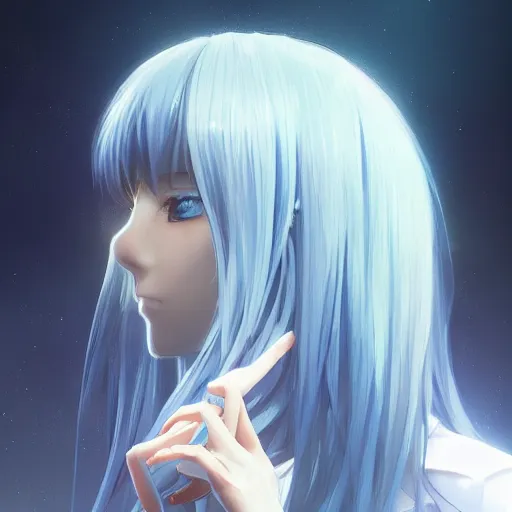 Image similar to profile shot of rimuru tempest, sky blue, straight hair, long bangs, amber eyes, wearing a black jacket with white stripes, high collar, highly detailed, unreal engine 5, digital painting, cinematic, wlop | artgerm, pixiv, yoshitaka amano, greg rutkowski, ilya kuvshinov, andy warhol