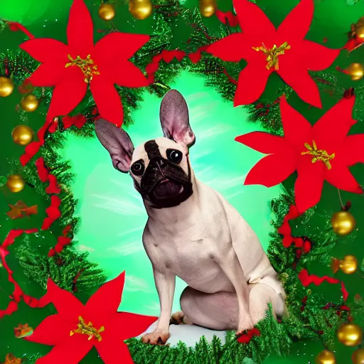 Prompt: christmas card, frug dog black infront of leg, high beauty vine, artstation, ample lighting, flower mosaic, dna, intense fantasy