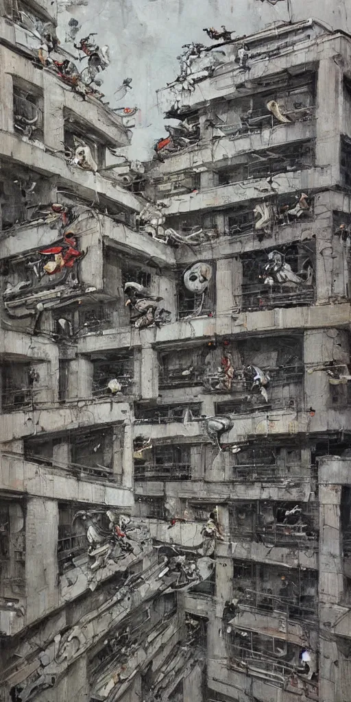 Image similar to oil painting scene from brutalism architecture art by kim jung gi