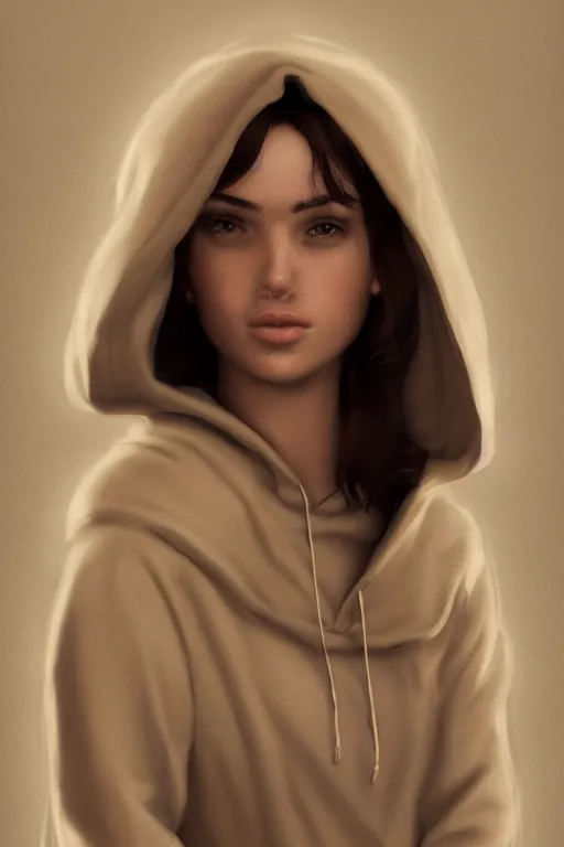 Prompt: shy, short brown hair arab spanish young woman, beige hoodie, cinematic lighting, hyper-detailed, cgsociety, trending on artstation, high resolution, 8k, high resolution in the style of Elena Masci, by John Samuel Agar