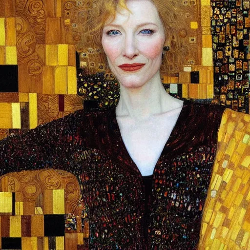 Prompt: “portrait of Cate Blanchett, by Gustav Klimt, by Del Kathryn Barton, hyper detailed, 4K, very beautiful”